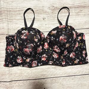 Floral Black and Red Balconette Bra with Floral Design